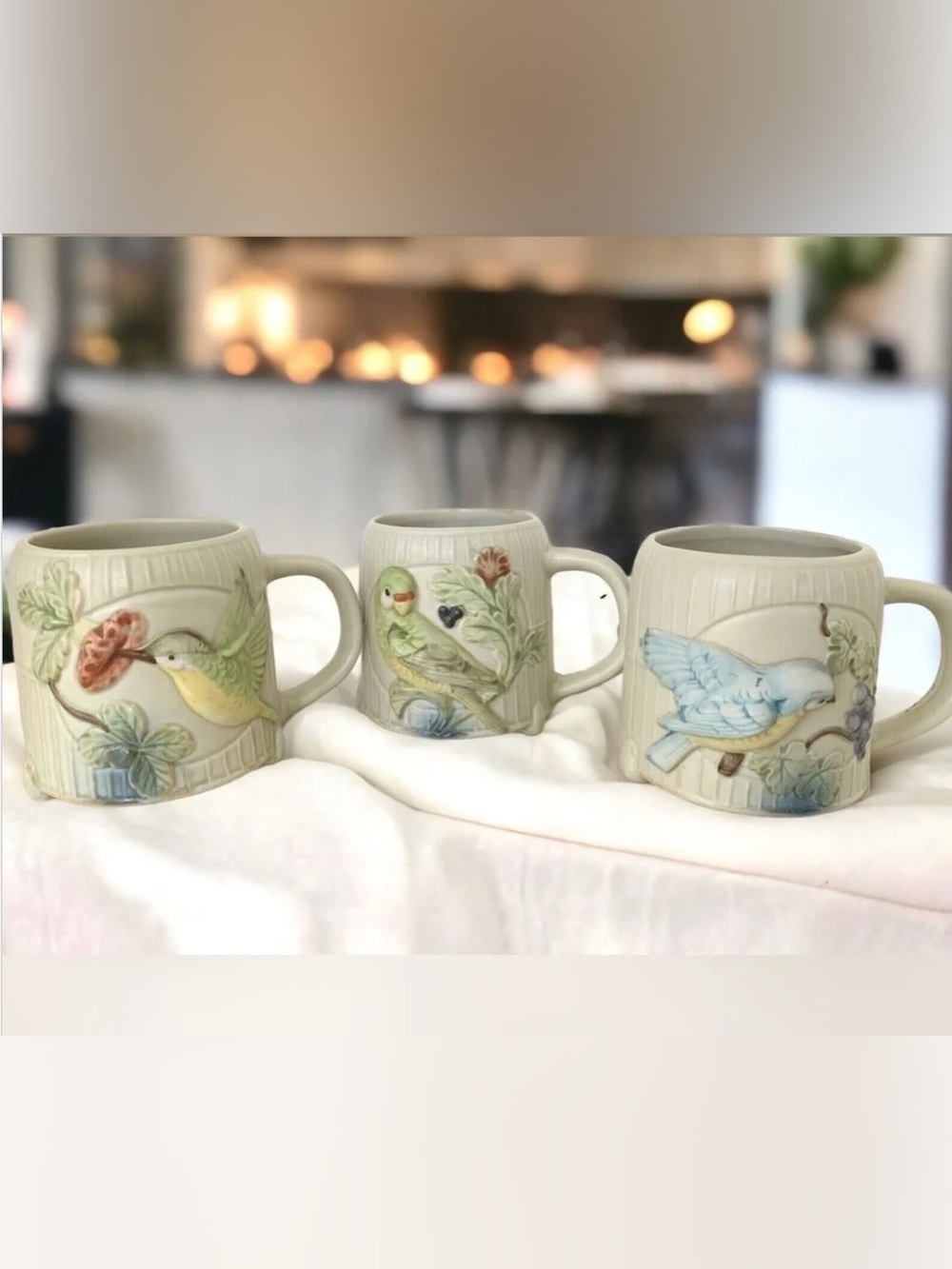 Takahashi San Francisco 3 pc 3-D Footed Coffee Mug Hand Painted Birds